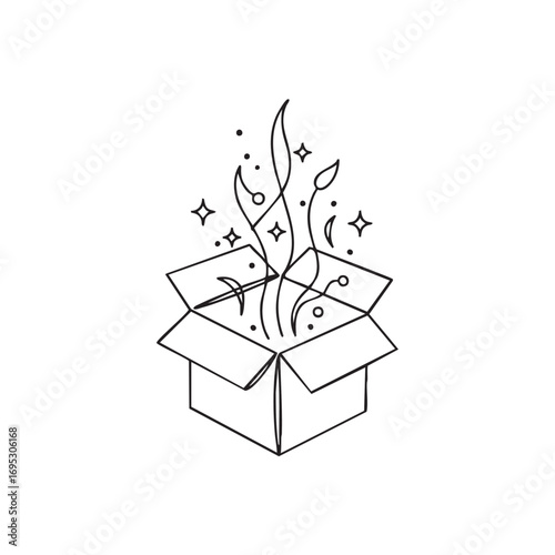 A whimsical line art illustration depicting an open cardboard box from which magical sparkles and organic elements gracefully emerge, symbolizing surprise and creativity.