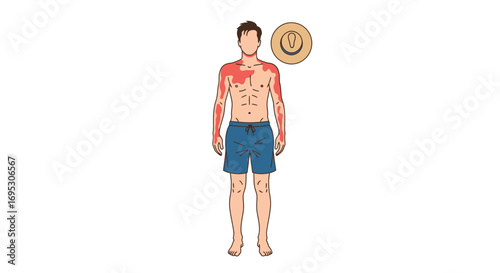 man with sunburn, sun protection, summer health, skin damage, red skin illustration