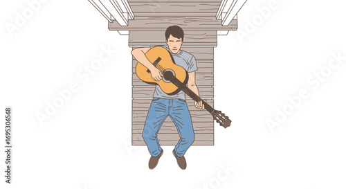 man with acoustic guitar resting on porch steps, peaceful solitude, music, relaxation