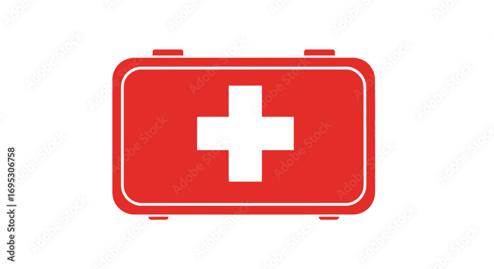 Fototapeta premium Graphic symbol of a healthcare first aid kit, a red container for medical supplies and emergency treatment isolated on a white background