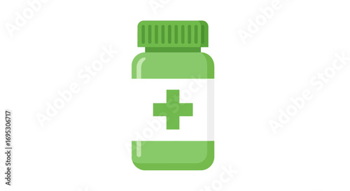 Simple flat vector illustration of a green pill bottle with a medical cross, representing healthcare, treatment, and wellness solutions for modern health concepts