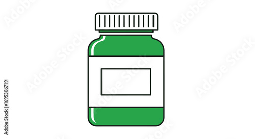 Green medicine bottle with a blank label, representing health and wellness products