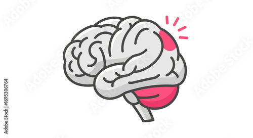 Abstract vector illustration of a human brain with a highlighted region, symbolizing mental activity, cognitive function, a headache, or neurological focus, on a clean white background