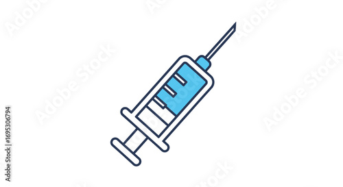 Minimalist illustration of a medical syringe filled with blue liquid, symbolizing vaccination, health, and essential medical treatment in a clean, modern vector design