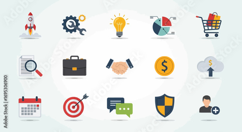 Business and Startup Icons Featuring Growth, Collaboration, and Innovation Elements