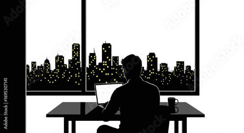 night city view man silhouette laptop work desk office window