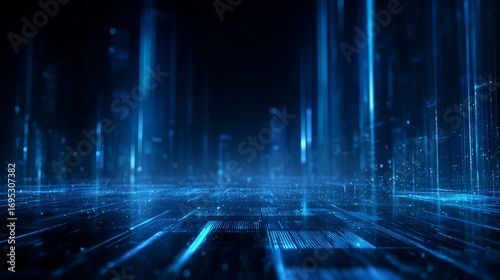 Dynamic digital cityscape with vibrant blue light trails and data streams, representing futuristic technology and innovation