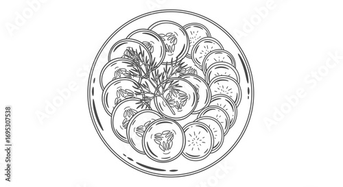 overhead view of sliced cucumbers and dill on a plate fresh, healthy, and appetizing food illustration
