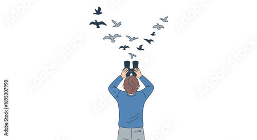 person with binoculars watching flock of birds flying, nature observation, birdwatching, freedom concept