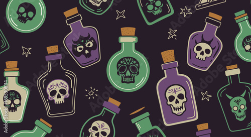 A whimsical pattern of various glass bottles filled with colorful liquids and adorned with decorative skull designs, set against a dark background.