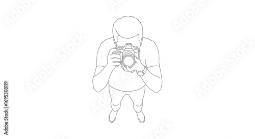 photographer taking pictures with dslr camera, line art illustration, top view