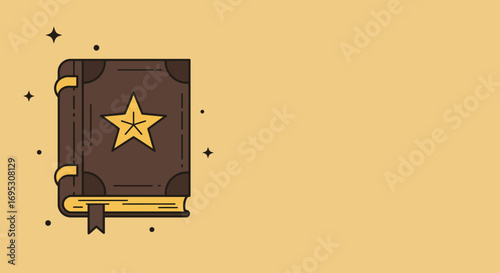 An illustrated, stylized, ancient brown book with a golden star emblem on its cover, surrounded by magical sparkles, suggesting fantasy or enchantment.