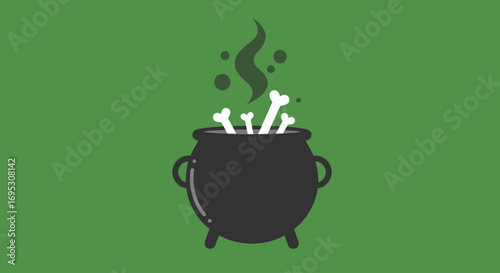 A black cauldron with bones and green smoke, against a vibrant green background.
