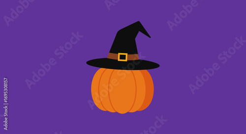 A cartoon pumpkin wearing a black witch's hat against a purple background, celebrating Halloween.
