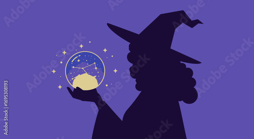 Silhouette of a witch holding a glowing crystal ball depicting constellations and a crescent moon against a purple background.
