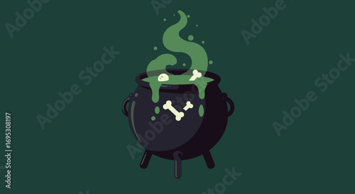 A black cauldron bubbles with a green potion, emitting smoke and decorated with white bone shapes on a dark green background.