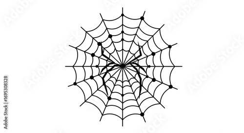 A stylized black spider sits patiently in the center of its intricately woven web.
