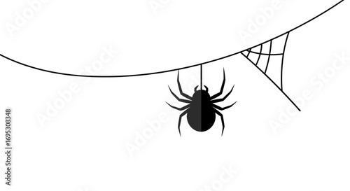 A simple graphic illustration of a black spider hanging from a single silk thread on its web.