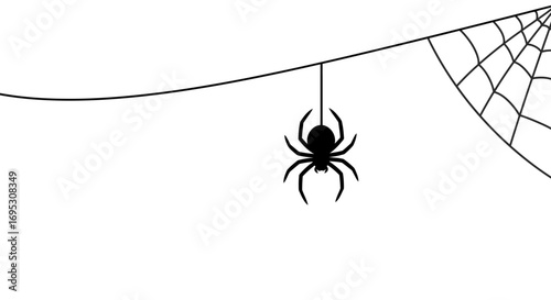A black silhouette of a spider hanging from a single thread connected to a spiderweb in the corner.