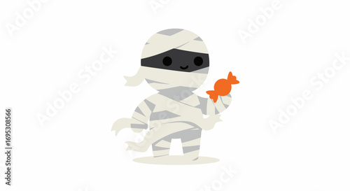 Cartoon mummy character holding an orange candy, isolated on a white background, perfect for Halloween.