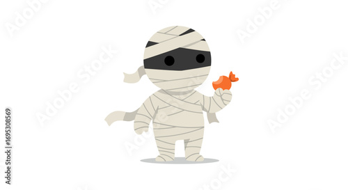 Cartoon mummy character holding a piece of candy, isolated on a white background.