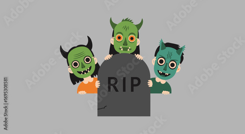 Three cartoonish green demons with horns peek from behind a gray tombstone marked "RIP" against a solid gray background.