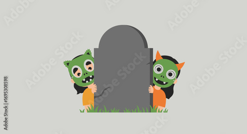 Two cartoon monsters peek from behind a gray tombstone in a grassy patch against a light gray background.
