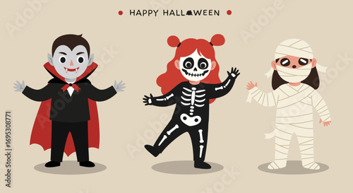 Three children dressed in Halloween costumes: vampire, skeleton, and mummy.