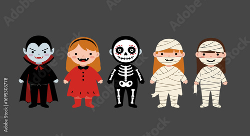 Five children dressed in adorable Halloween costumes: vampire, red dress, skeleton, and two mummies.