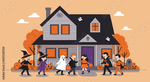 Children in Halloween costumes trick-or-treating at a charming house.