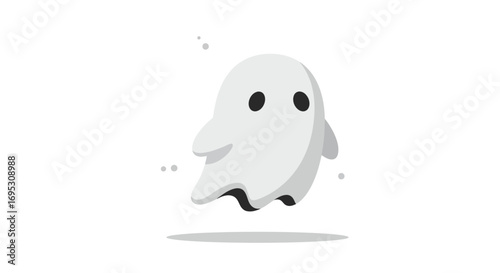 A cute and friendly cartoon ghost with big black eyes floating playfully over a small shadow on a white background.