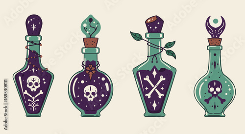 A collection of four stylized glass bottles, each containing a dark, swirling liquid and adorned with macabre symbols like skulls and crossbones, suggesting potions or elixirs.