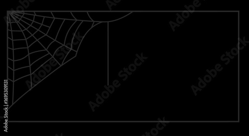 An eerie spiderweb illustration occupying the top-left section of a stark black rectangular frame.