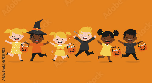 Six joyful diverse children in Halloween costumes, including a witch, happily running with pumpkin trick-or-treat baskets.
