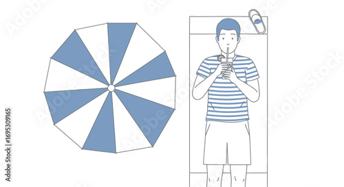 relaxing man enjoying summer drink, beach umbrella, summer vacation, holiday mood illustration
