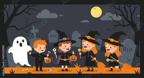 Children dressed as witches and a ghost trick-or-treating in a graveyard under a full moon on Halloween night.
