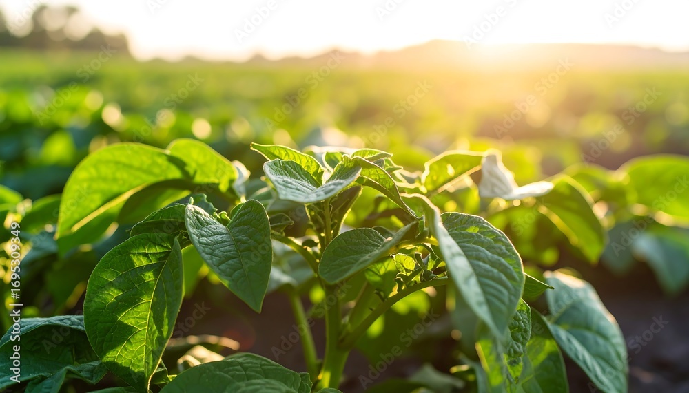 Obraz premium Lush potato plants at sunset