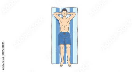 relaxing man sunbathing on a beach towel, summer vacation, leisure, holiday, tropical vibes illustration