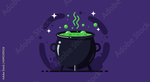 A witch's black cauldron bubbles with a magical green potion, emitting steam and sparkles against a dark purple background.