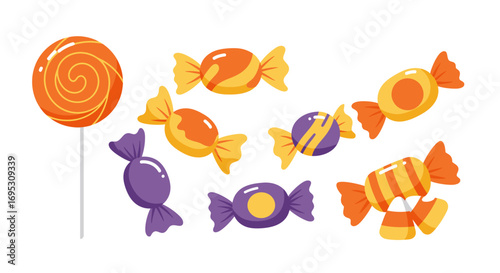 A colorful collection of Halloween candies, including an orange lollipop, wrapped sweets, and candy corn.