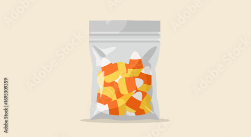 A clear plastic ziplock bag filled with classic orange, yellow, and white Halloween candy corn treats.
