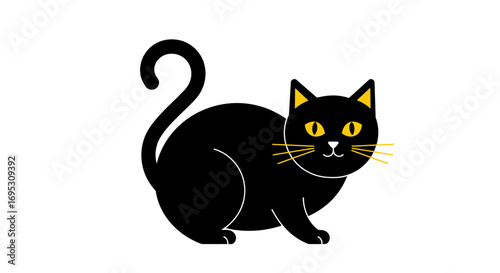 A stylized black cat sits, gazing forward with bright yellow eyes.