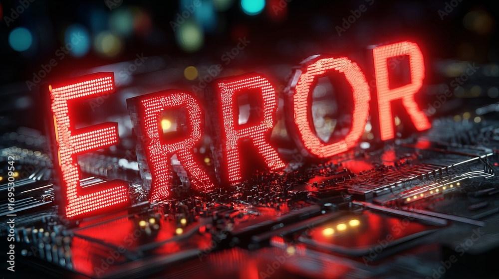 Obraz premium Dramatic red neon 'ERROR' sign illuminates dark, intricate circuit board, symbolizing system failure and digital crisis
