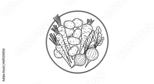 sketch of potatoes, carrots, and beetroot on a plate simple vegetable illustration