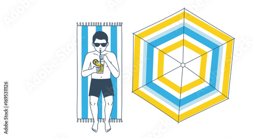 summer vacation man relaxing on beach towel, enjoying drink, striped beach umbrella