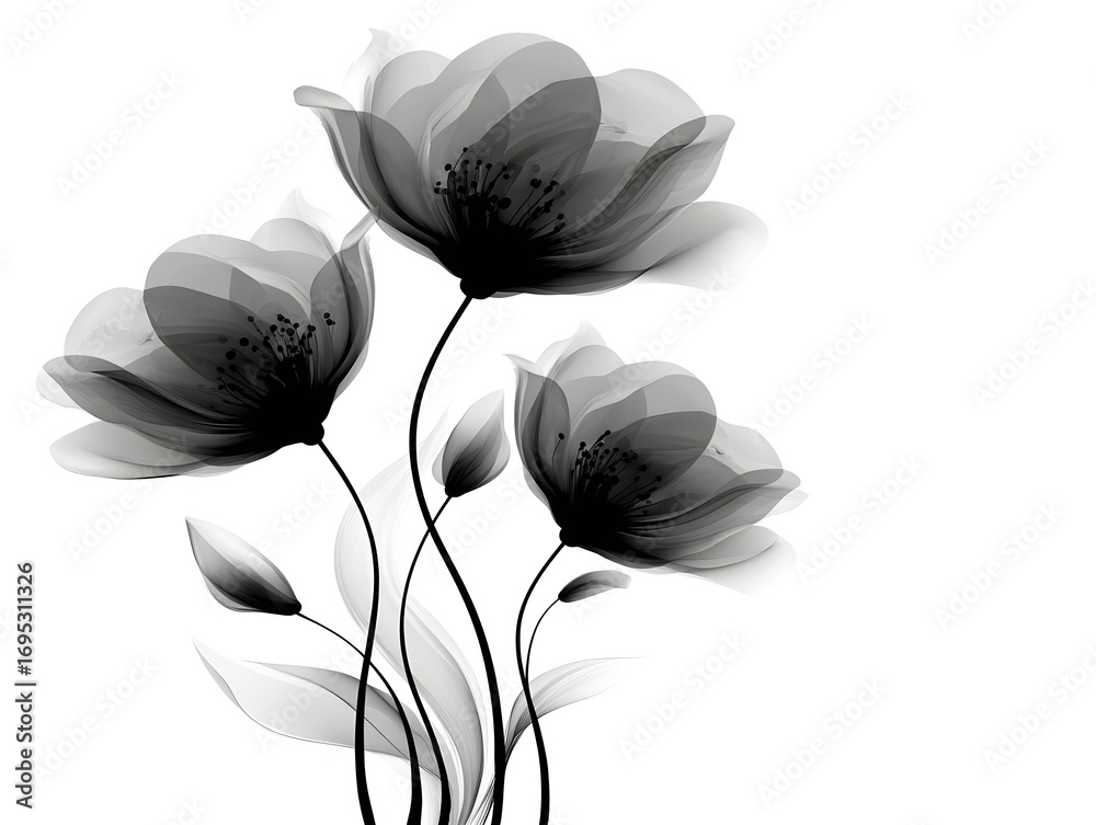 Obraz premium Ethereal translucent blossoms with delicate petals in grayscale, softly illuminated on a white background space.