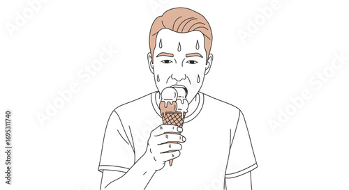 sweaty man eating ice cream cone, hot summer day, delicious dessert, sweet treat, summertime