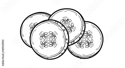 three slices of cucumber, line art, fresh, healthy, vegan food illustration