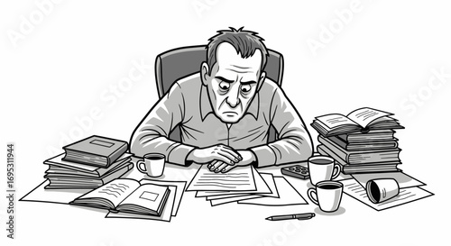 tired businessman working late at night, surrounded by paperwork and books, feeling stressed and overworked