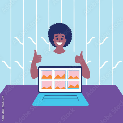 Smiling person with thumbs up works on laptop displaying colorful images happy remote worker concept.